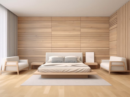 Bedroom interior with two armchair and wooden walls, wooden floor, comfortable king size bed and two armchairs. 3d renderingの写真素材
