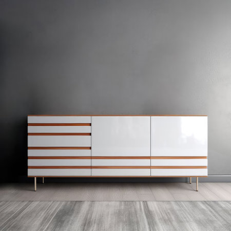 Wooden chest of drawers white color on the grey wall in modern interior. 3d renderの写真素材