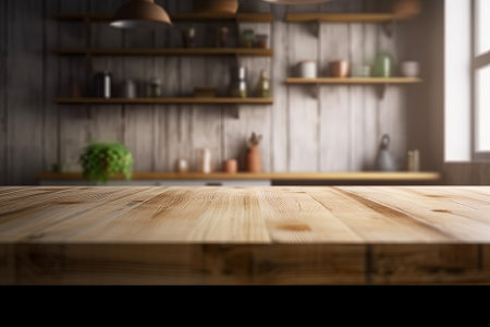 Empty wooden table in front of blurred kitchen background, product display montageの写真素材