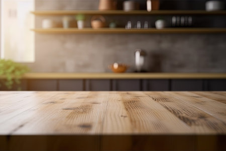 Empty wooden table top with lights bokeh on blur kitchen background. High quality photoの写真素材