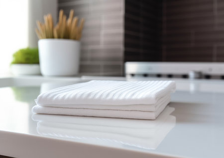 White blank cotton kitchen towel on a wooden cutting board on a kitchen countertop. High quality photoの写真素材