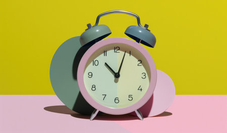 Alarm clock on a pink and yellow background. It shows exact time and has two bells. metal legs. hour minute alarm hands. High quality 3d illustrationの写真素材