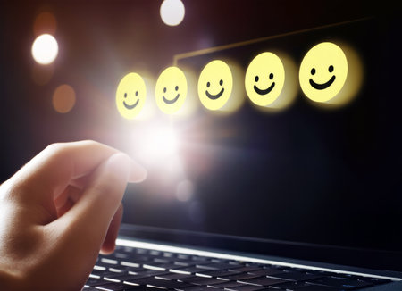 Close up of human hand touching screen of laptop with smiley icons. Customer Satisfaction Survey concept, satisfaction feedback review, good quality most. High quality photoの写真素材