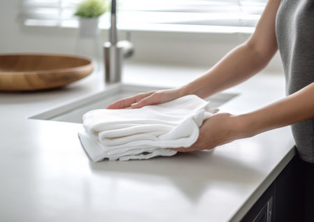 Woman cleaning kitchen countertop with clean towels, closeup of hands. High quality photoの写真素材