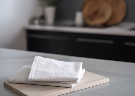 White blank cotton kitchen towel on a wooden cutting board on a kitchen countertop. High quality photoの写真素材