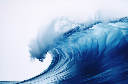 Blue sea wave with white foam isolated on white background. High quality photoの写真素材