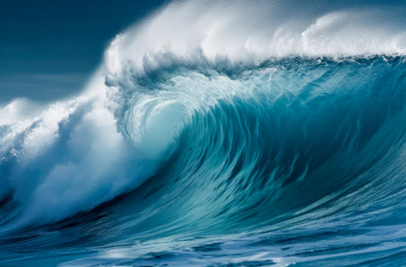 Blue ocean wave. Big waves breaking on an reef along. High quality photoの写真素材