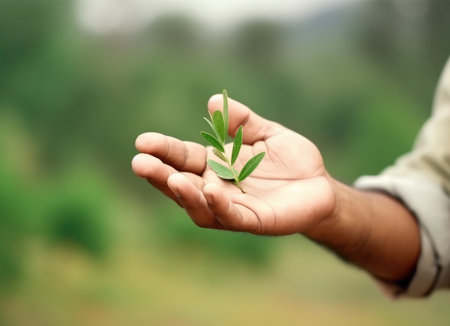 Farmer holding a small tea young plant in hand on blurred nature background. High quality photoの写真素材