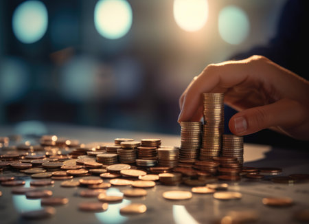 Investment concept, Coins on table with light bokeh background. High quality photoの写真素材