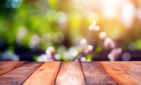 Empty wood table on blur abstract green garden for your photo montage or product display, Space for placing items on the table, product and food display or design key visual layoutの写真素材