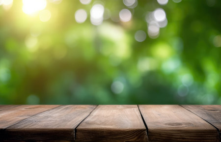 Wooden table in front of abstract blurred background of outdoor garden lights. can be used for display or montage your products.Mock up for display of productの写真素材