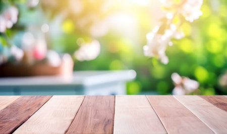 Wood table top on bokeh abstract background - can be used for montage or display your productsの写真素材