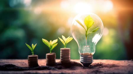 the light bulb on the ground Plants grow on stacked coins. Renewable energy production is essential for the future. Green businesses using renewable energy can limit climate change.の写真素材
