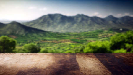 Wooden table top on blur mountain and grass field background in morning or evening atmosphere. For montage product display or design key visual layout. view of copy spaceの写真素材