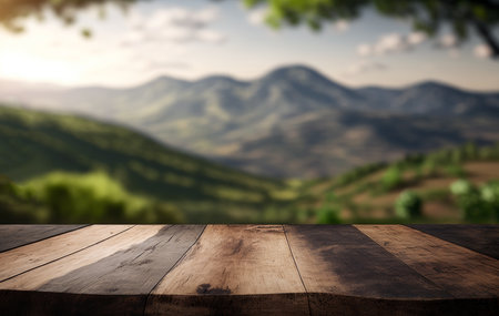 Wooden table top on blur mountain and grass field background in morning or evening atmosphere. For montage product display or design key visual layout. view of copy spaceの写真素材