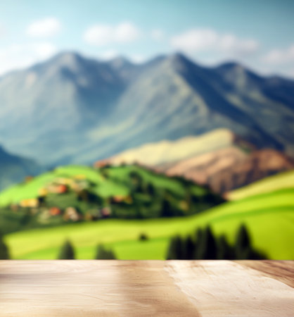 Wooden table top on blur mountain and grass field background in morning or evening atmosphere. For montage product display or design key visual layout. view of copy spaceの写真素材