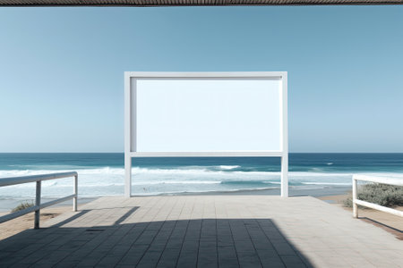 Blank billboard on the beach with sea in the background. 3d renderingの写真素材