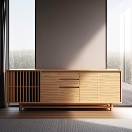 Interior of cabinet modern on living room with beige walls, wooden floor, wooden chest of drawers and window with park side view. 3d renderingの写真素材