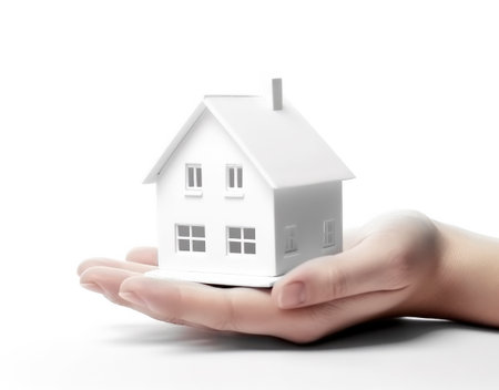 White house in hand isolated on a white background. Insurance concept. High quality photoの写真素材