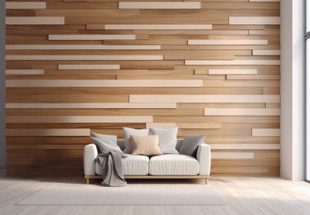 Wooden random wall and white sofa background. Modern interior room. 3D renderの写真素材