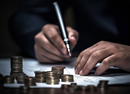 Businessman hand writing on paper with money coins stack on table. High quality photoの写真素材