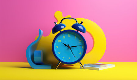 Alarm clock and book on yellow and pink background. 3d renderingの写真素材