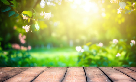 Wooden table in front of blurred spring garden background with bokeh. High quality photoの写真素材