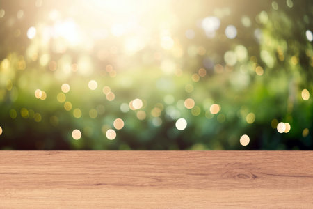 Wooden table in front of abstract blurred background of outdoor garden lights. can be used for display or montage your products.Mock up for display of productの写真素材