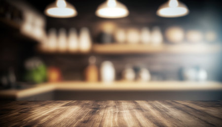 Empty wooden table and blurred background of kitchen interiorの写真素材