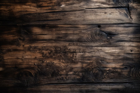 Old wood with a texture of black and dark brown. burned and charred old board with knots. Panoramic banner, wide burnt board textureの写真素材