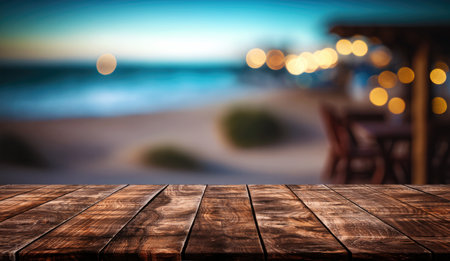 Empty wooden table and blurred background of beach cafe with bokeh lightsの写真素材