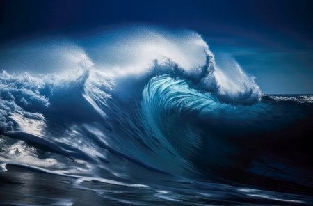 Blue ocean wave. Big waves breaking on an reef along. High quality photoの写真素材