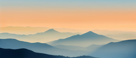 Sunset landscape with mountains and sky. High quality flat illustrationの写真素材