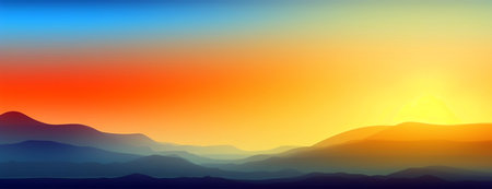 Sunset landscape with mountains and sky. High quality flat illustrationの写真素材