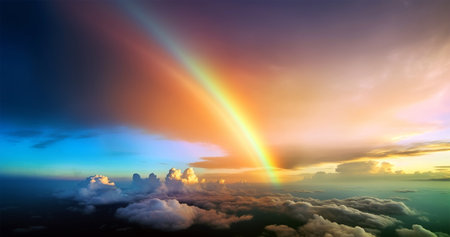 Beautiful rainbow over the clouds at sunset. High quality 3d illustrationの写真素材