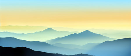 Sunset landscape with mountains and sky. High quality flat illustrationの写真素材