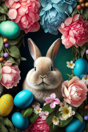 Easter bunny and colorful eggs in a nest of flowers on a green background. High quality illustrationの写真素材