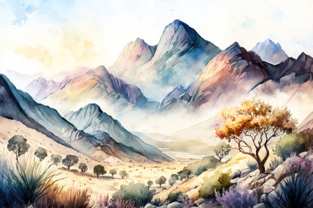 watercolour landscape of scenery in mountains countrysideの写真素材