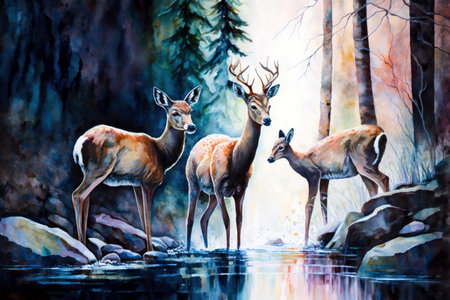 group of deer standing on the lake forest. Illustration design.の写真素材