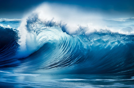 Blue ocean wave. Big waves breaking on an reef along. High quality photoの写真素材