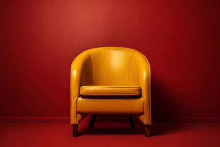 Yellow luxury leather classical armchair with wooden legs on red background. High quality photoの写真素材
