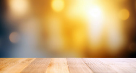 Background of wooden table in front of abstract blurred lights background. High quality photoの写真素材