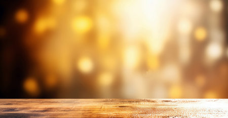 Background Image of wooden table in front of abstract blurred lights. High quality photoの写真素材