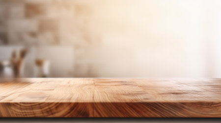 Empty wood table top on sunlight blur kitchen background. Using for Mock up template for display of your design,Banner for advertise of product.の素材