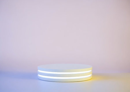 Podium stand, empty space for product design show. Neon light with gray podium cylinder on beige background.の素材