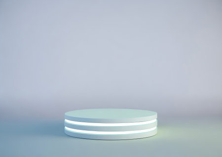 Neon light green podium on gray background.の素材