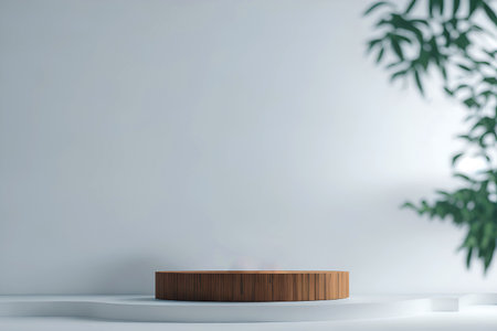 Round wooden podium on blur leaf white background.の素材