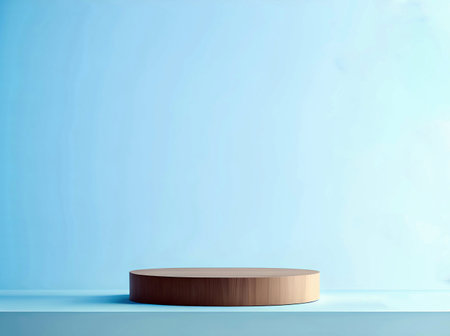 Backdrop Podium Cylinder Wood Stand on blue background.の素材