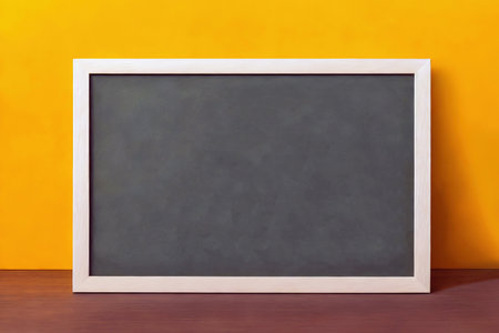 Empty blackboard with wooden frame on wooden table over yellow background.の素材