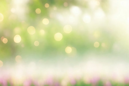 Background bokeh garden in green and yellow tones with sun rays and flower.の素材